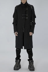 Black Punk Asymmetry High Collar Placket Metal Shoulder Detachable Webbing Men's Knitted Coat